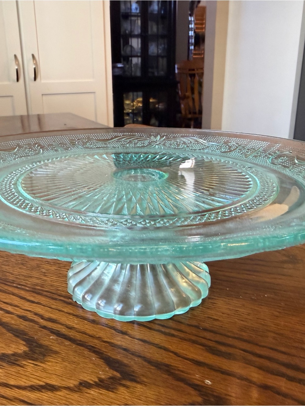 Vintage Decorative Glass Cake Stand - Aqua Green Pedestal